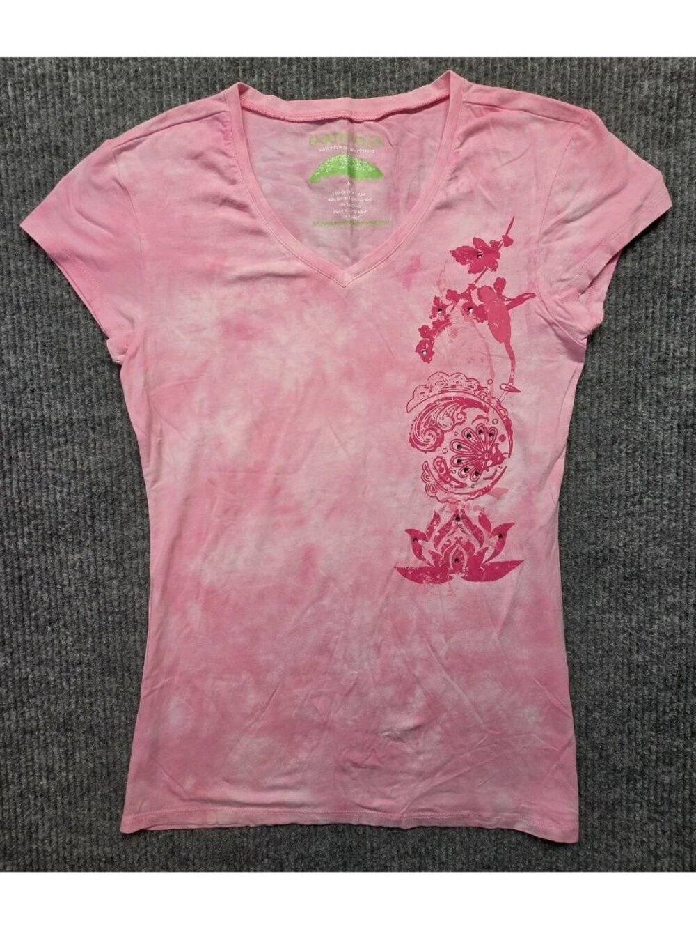 Earth Yoga V-Neck Graphic Tee Women M Pink Tie Dye Sustainable Cotton Bamboo EUC